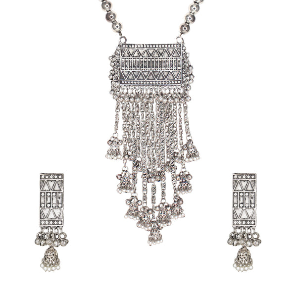 Abhinn Silver Oxidised Temple Design With Hanging Silver Beads Pendant Set For Women