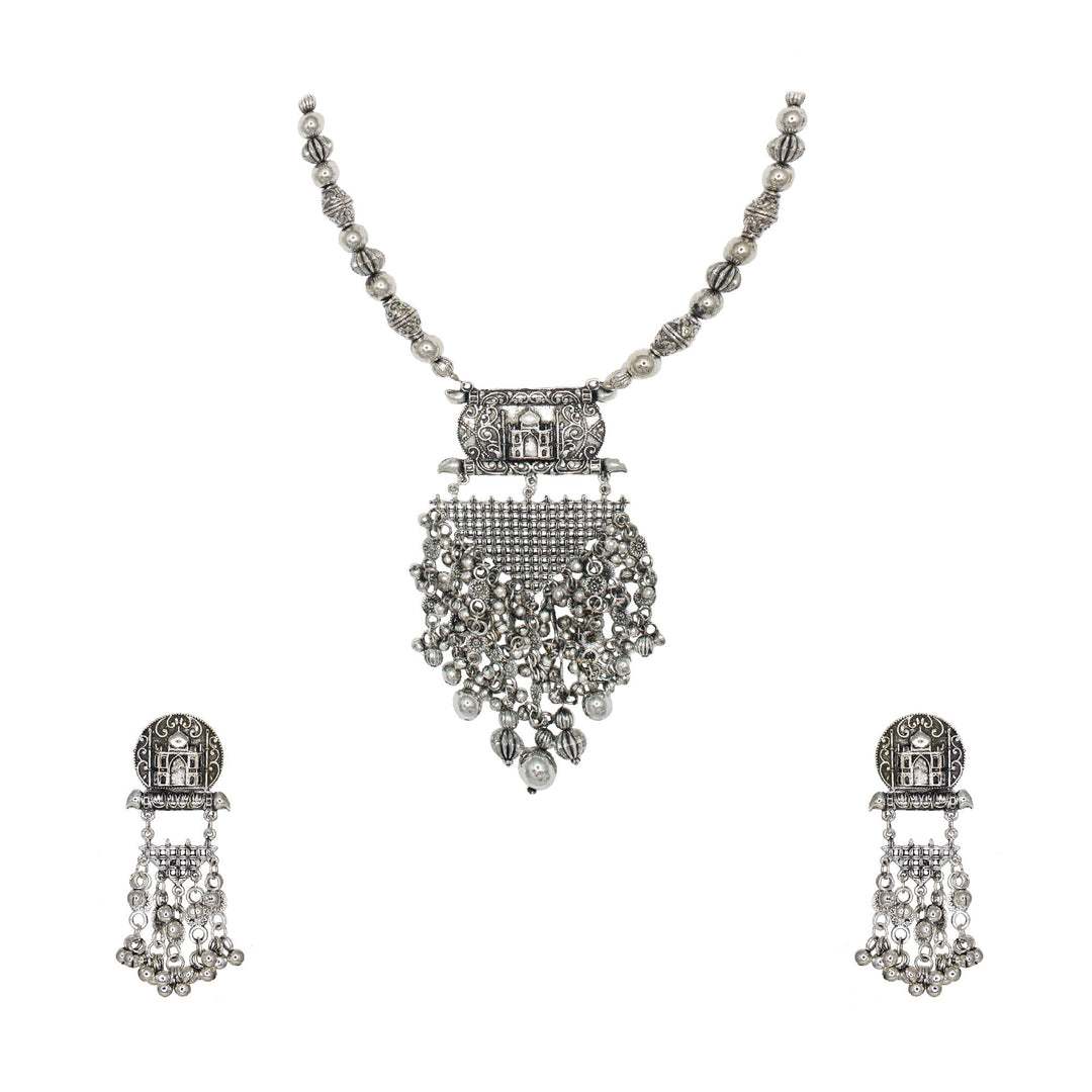 Abhinn Silver Oxidised Taj Mahal Pendant Set With Hanging Silver Beads For Women