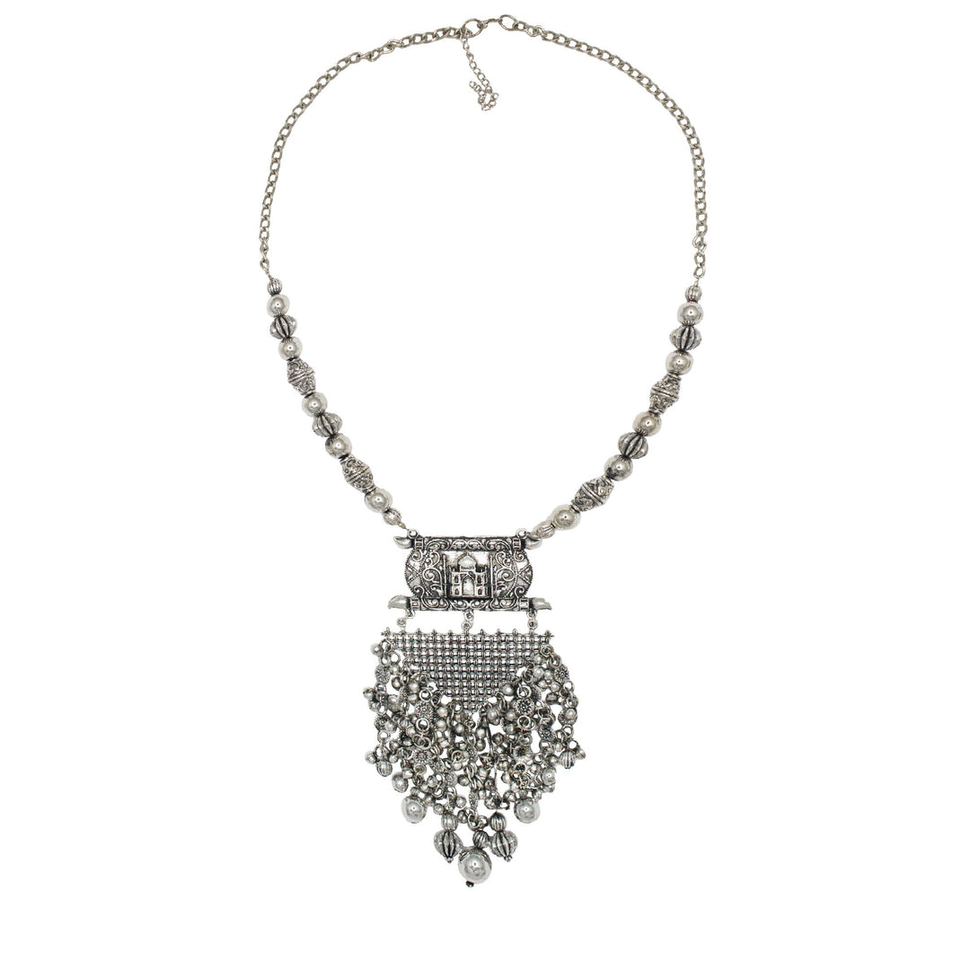 Abhinn Silver Oxidised Taj Mahal Pendant Set With Hanging Silver Beads For Women