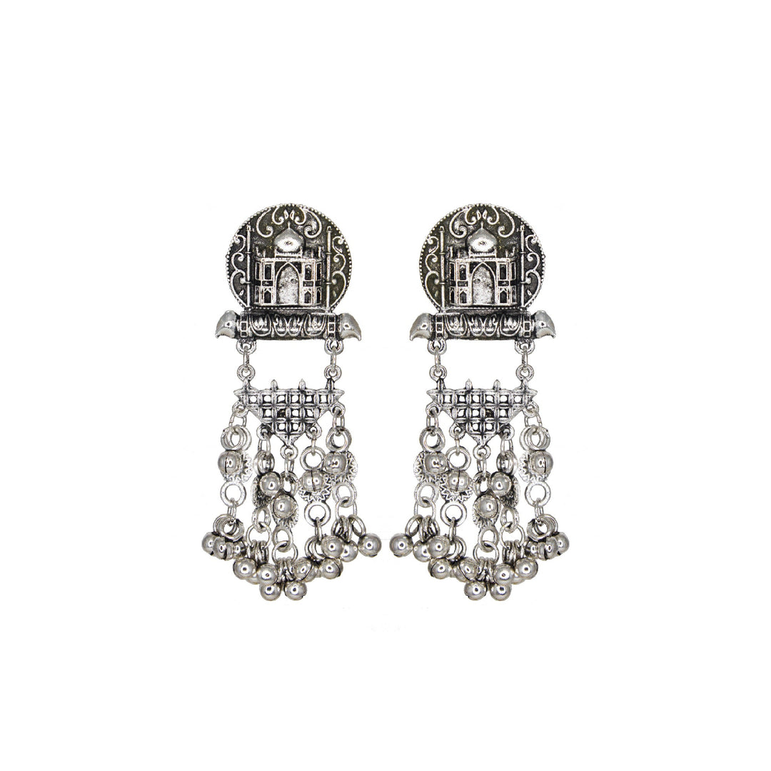 Abhinn Silver Oxidised Taj Mahal Pendant Set With Hanging Silver Beads For Women