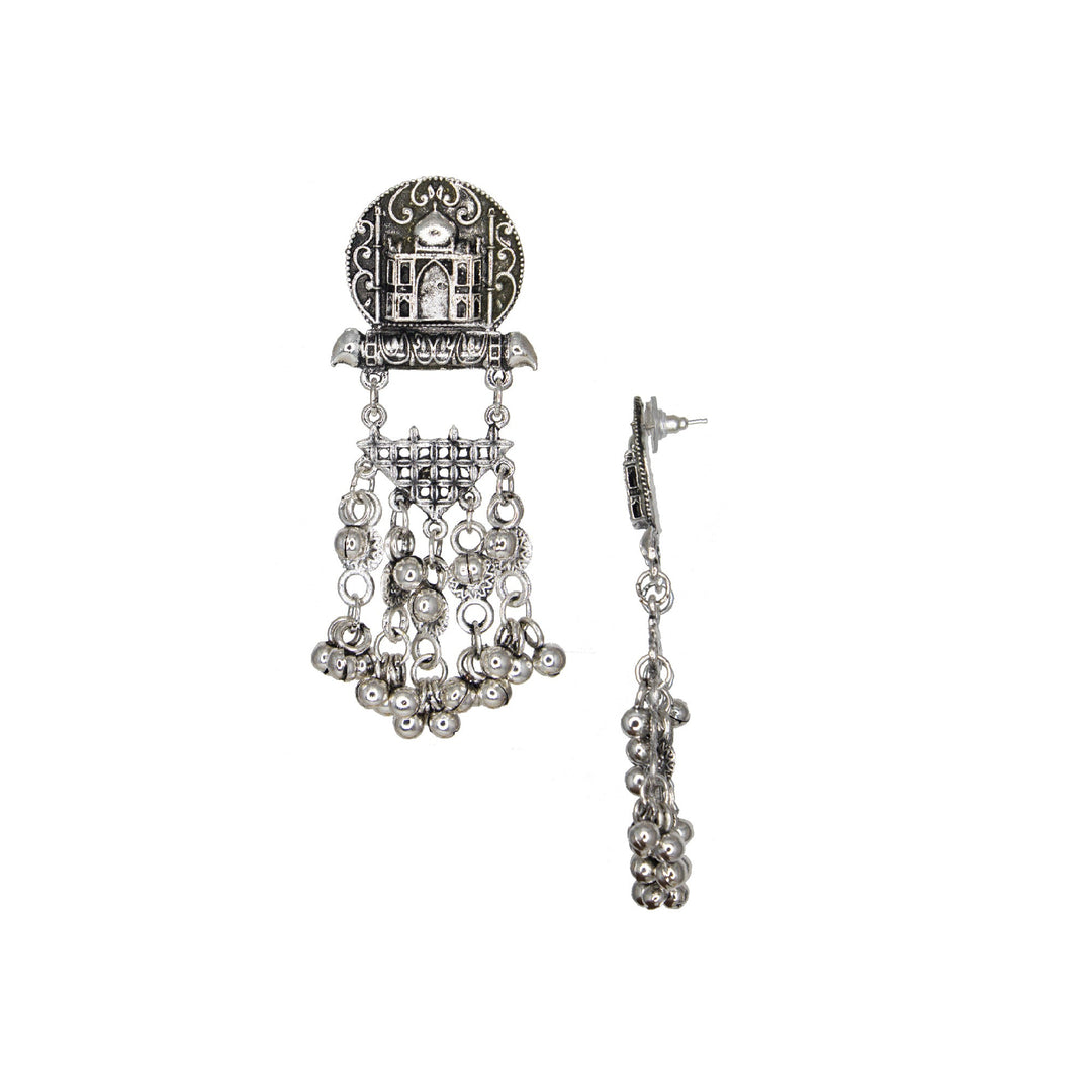 Abhinn Silver Oxidised Taj Mahal Pendant Set With Hanging Silver Beads For Women