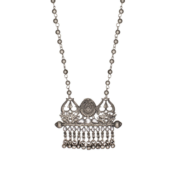 Abhinn Silver Oxidised Trishul Design With White CZ Stones Pendant Set For Women