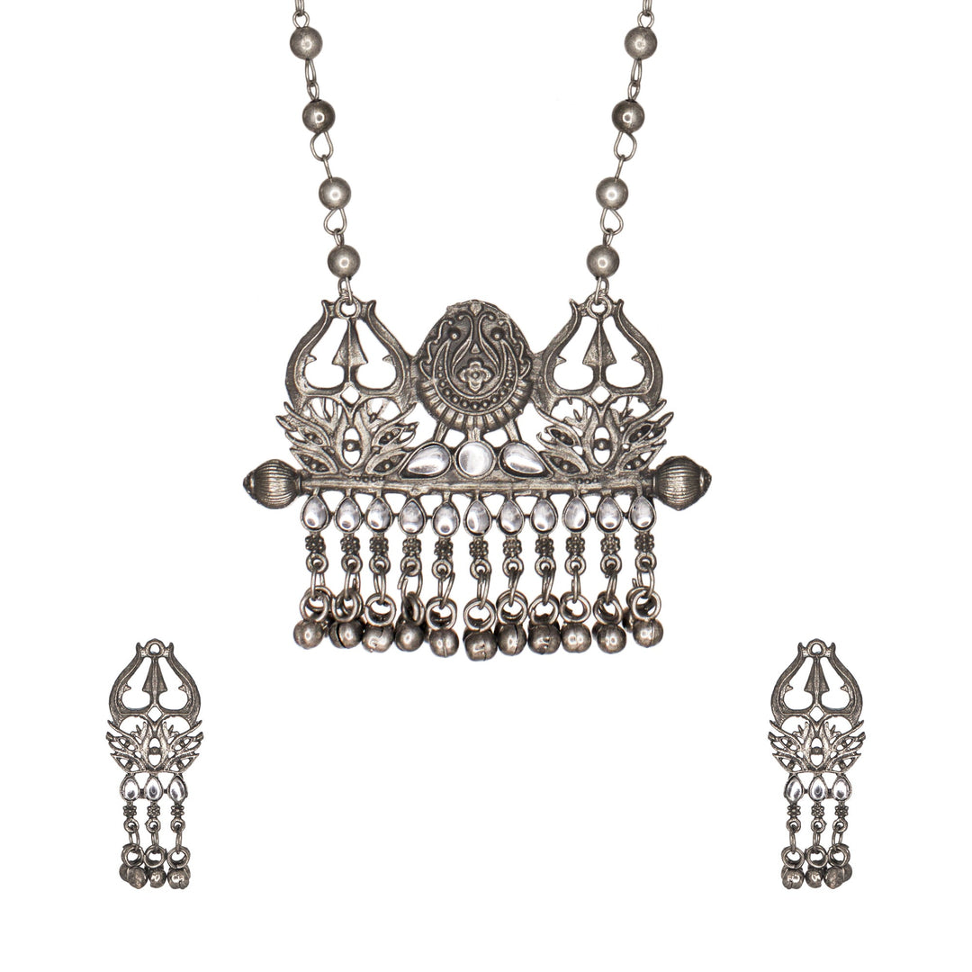 Abhinn Silver Oxidised Trishul Design With White CZ Stones Pendant Set For Women