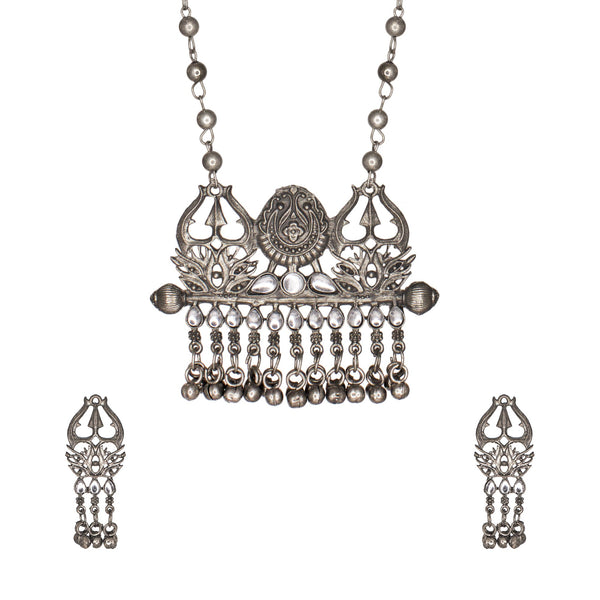 Abhinn Silver Oxidised Trishul Design With White CZ Stones Pendant Set For Women