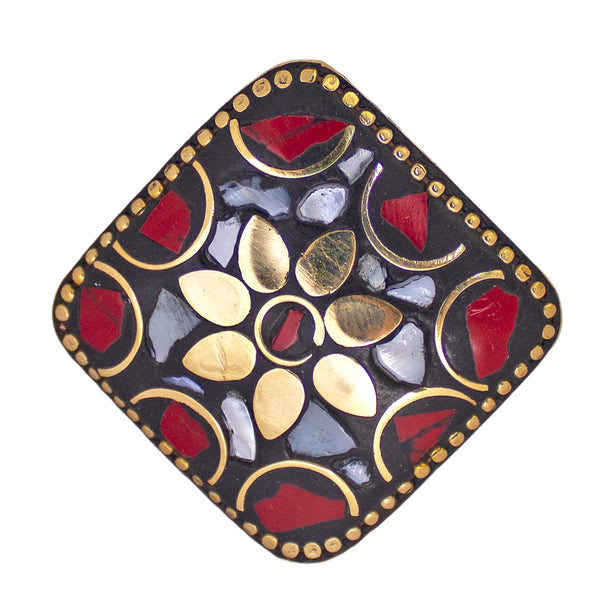 Abhinn Handcrafted Tibetan Golden White Square Floral Adjustable Rings For Women