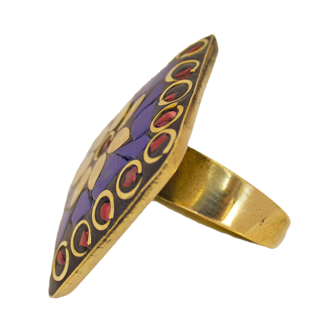 Abhinn Handcrafted Tibetan Gold Plated Blue Square Floral Adjustable Rings For Women