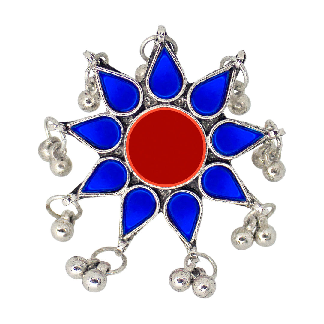 Abhinn Antique Silver Oxidised Floral Blue-Red Color Glass Premium Rings For Women