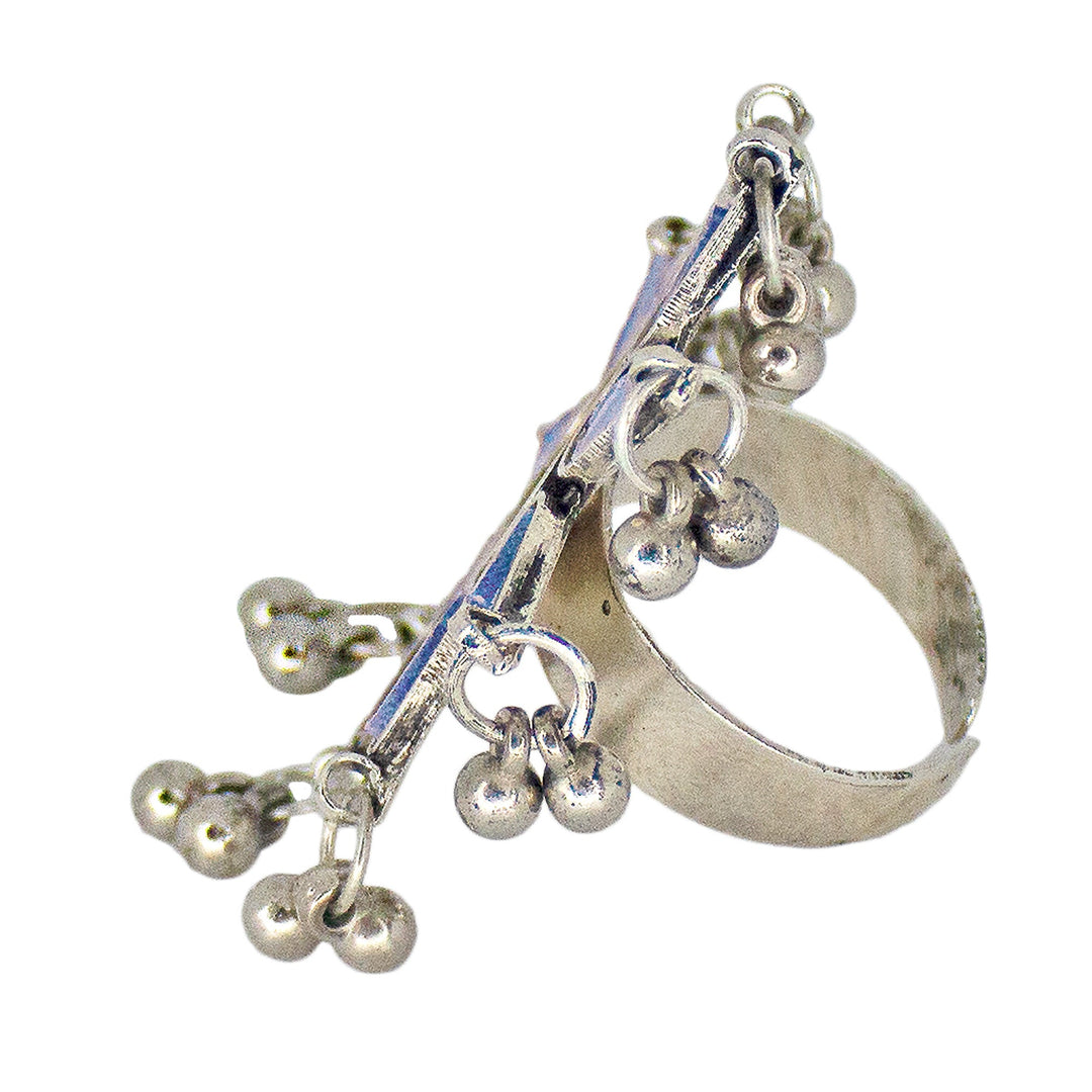 Abhinn Antique Silver Oxidised Floral Blue-Parrot Green Color Glass Premium Rings For Women