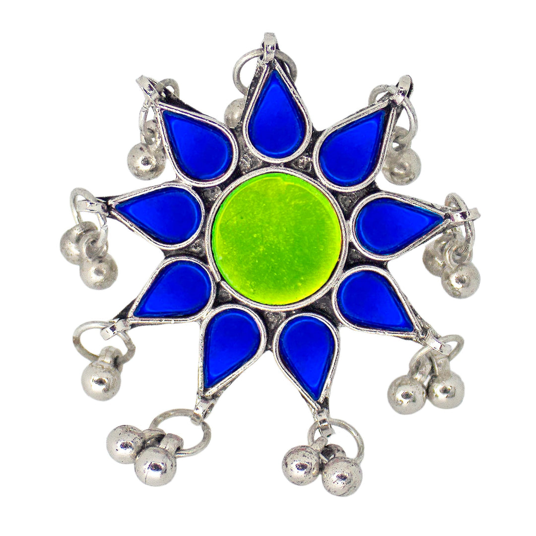 Abhinn Antique Silver Oxidised Floral Blue-Parrot Green Color Glass Premium Rings For Women