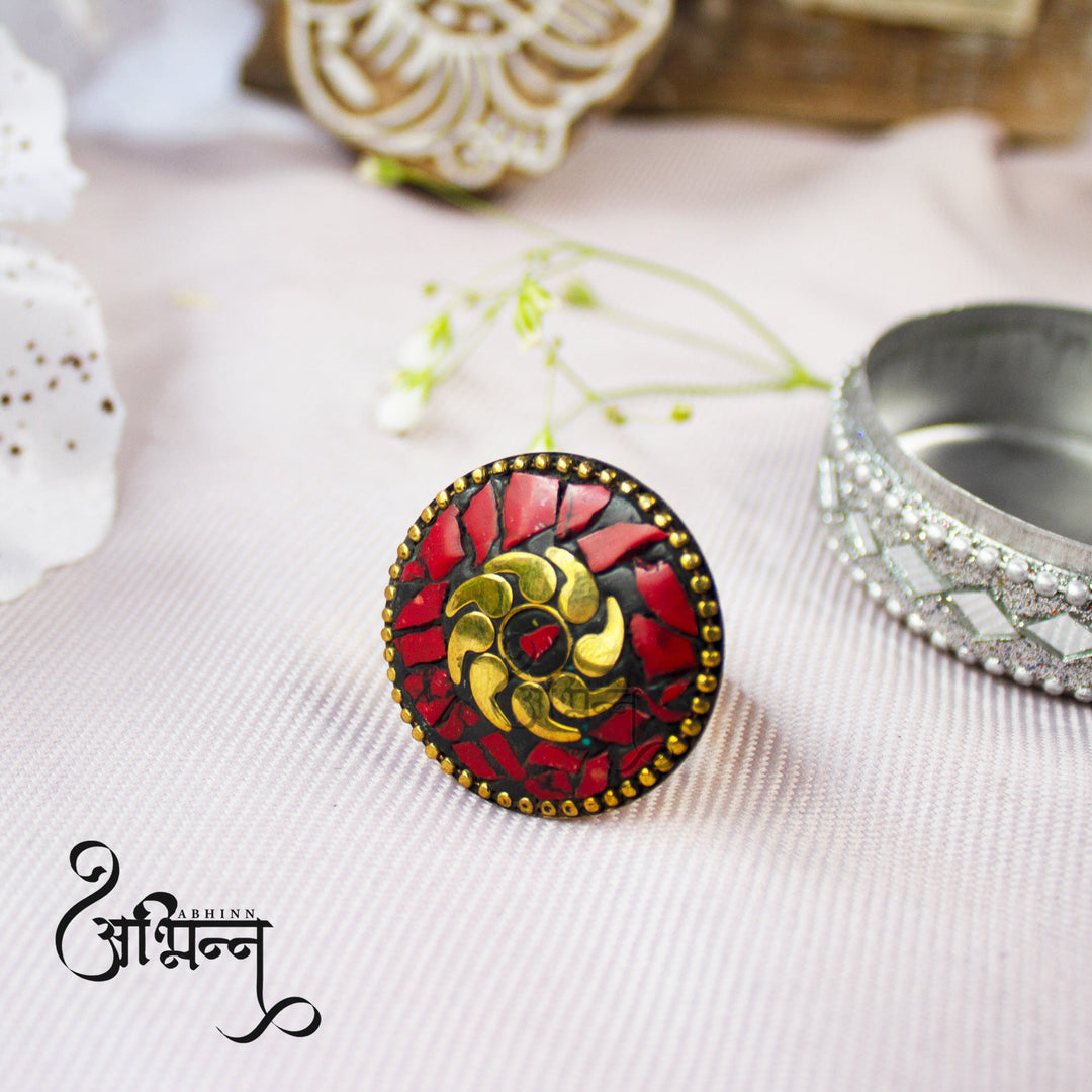 Abhinn Beautiful Bohemian Black Golden Ring with Red Boho Work