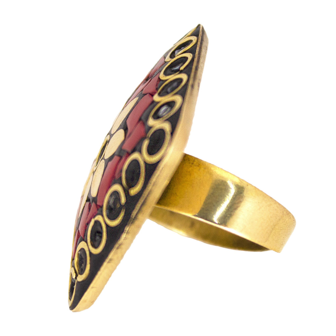 Abhinn Handcrafted Tibetan Gold Plated Red Square Floral Adjustable Rings For Women