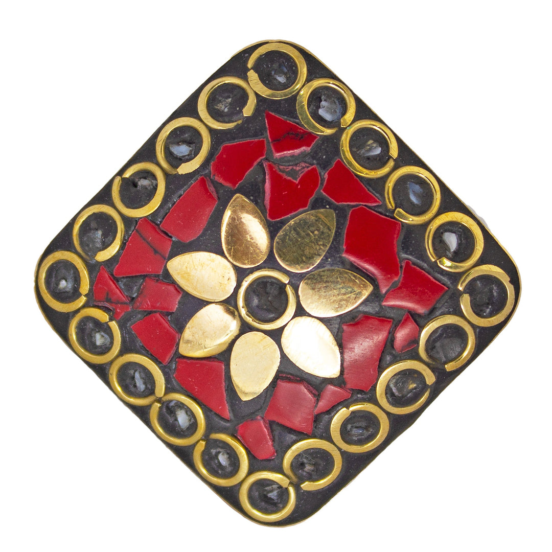 Abhinn Handcrafted Tibetan Gold Plated Red Square Floral Adjustable Rings For Women