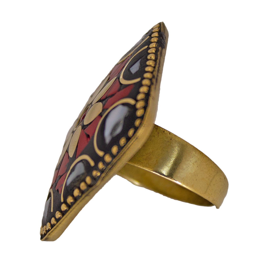 Abhinn Handmade Tibetan Gold Plated Trendy Red Square Adjustable Ring For Women