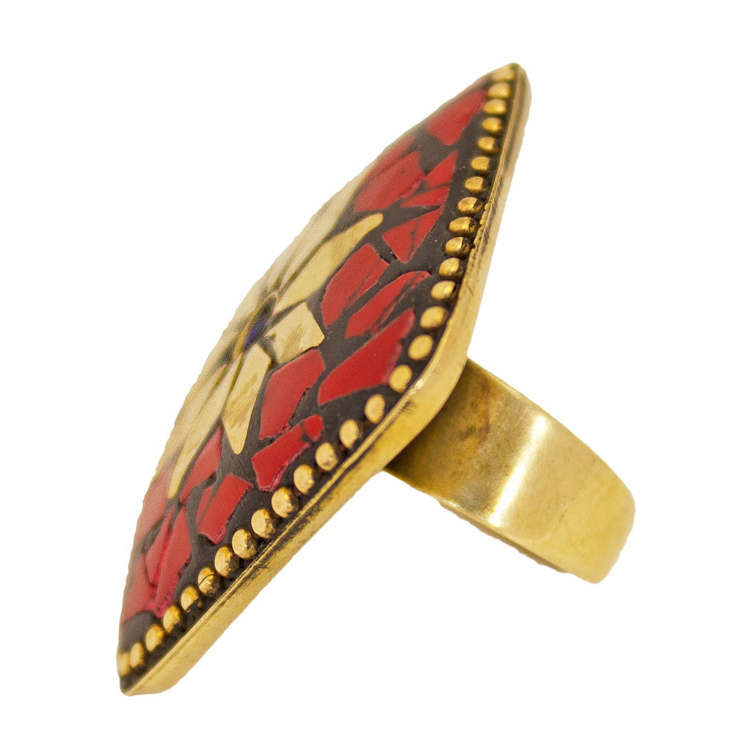 Abhinn Handmade Tibetan Gold Plated Red Floral Adjustable Rings For Women