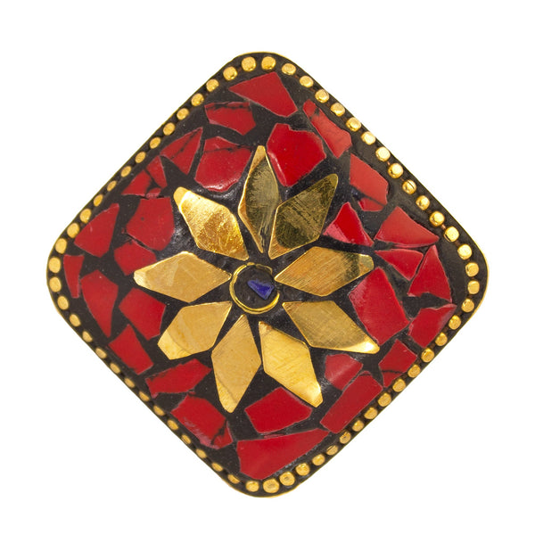 Abhinn Handmade Tibetan Gold Plated Red Floral Adjustable Rings For Women