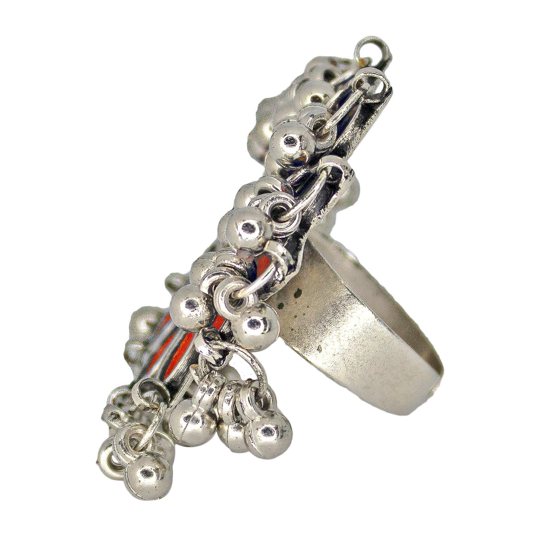 Abhinn Designer Silver Oxidised Floral Red-Yellow Color Glass Premium Rings For Women