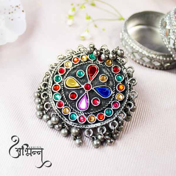 Abhinn Silver Oxidised Floral Design Multi Colour With Silver Beads Ring For Women