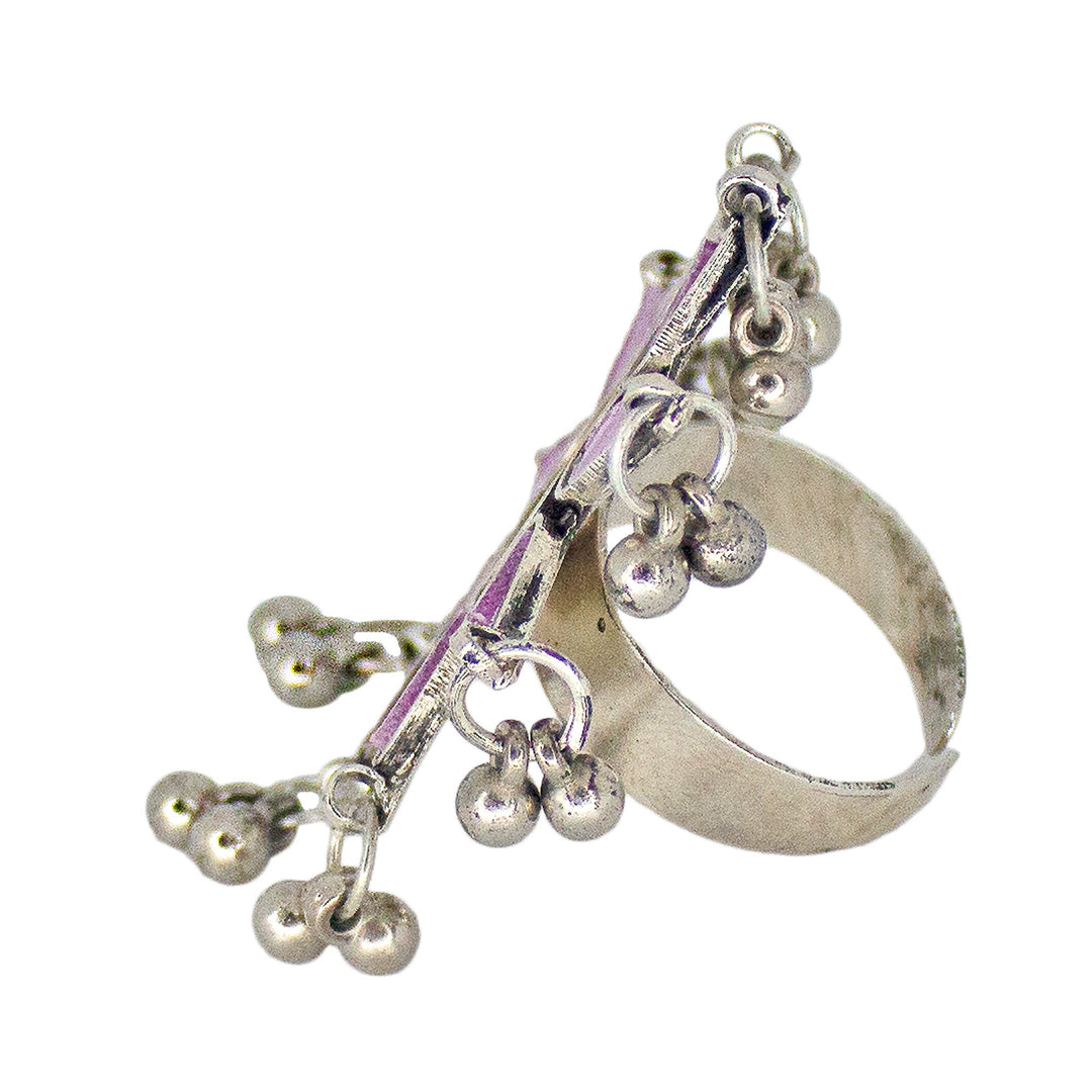 Abhinn Antique Silver Oxidised Floral Purple-Yellow Color Glass Premium Rings For Women