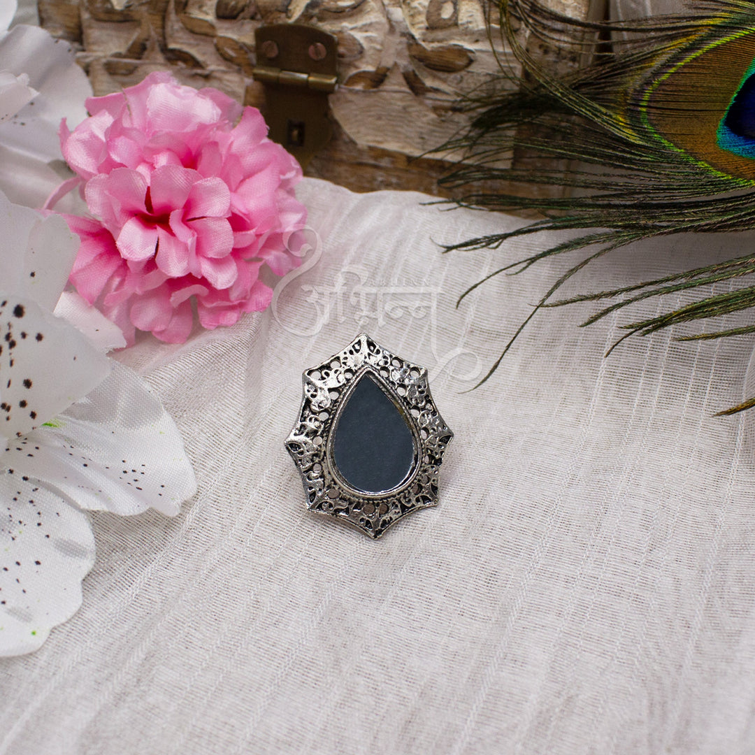 Abhinn Silver Oxidised Unique Tribal Design Ring With Mirror For Women