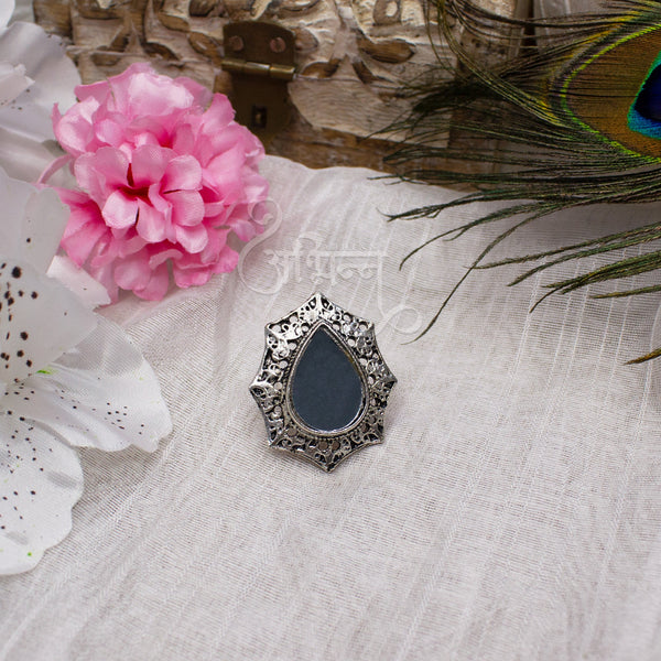 Abhinn Silver Oxidised Unique Tribal Design Ring With Mirror For Women