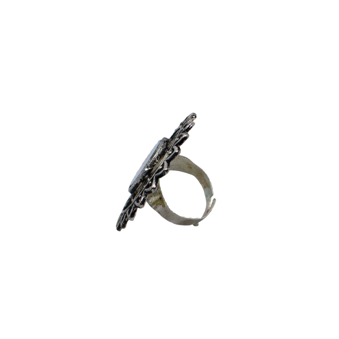 Abhinn Silver Oxidised Floral Design Ring With Mirror For Women