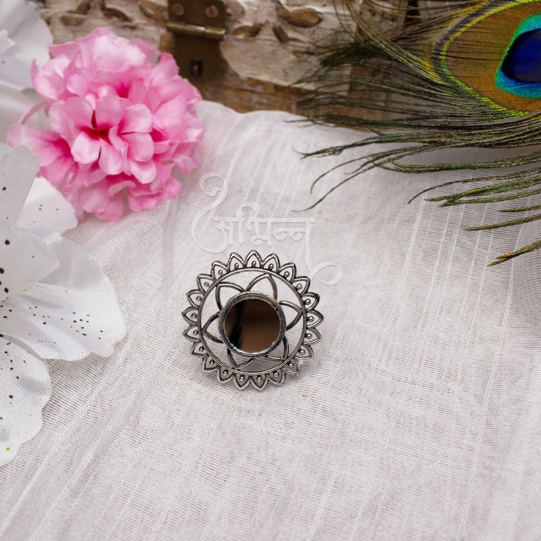 Abhinn Silver Oxidised Floral Design Ring With Mirror For Women