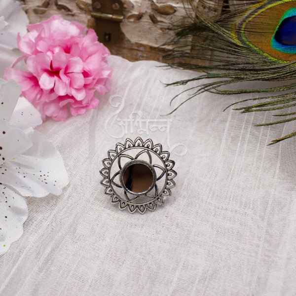 Abhinn Silver Oxidised Floral Design Ring With Mirror For Women