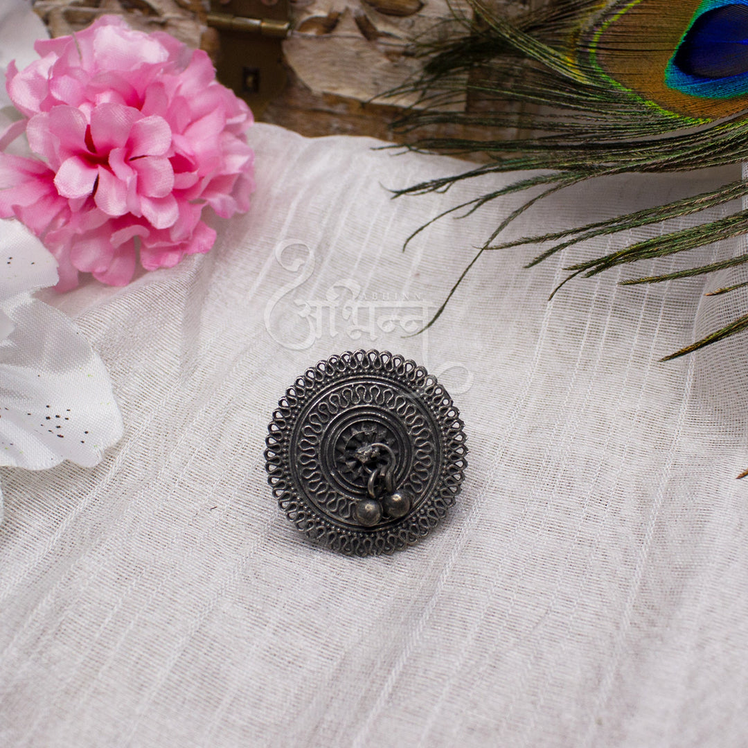 Abhinn Silver Oxidised Temple Design Ring With Ghungroo For Women