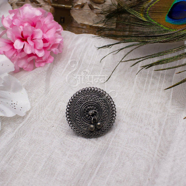 Abhinn Silver Oxidised Temple Design Ring With Ghungroo For Women