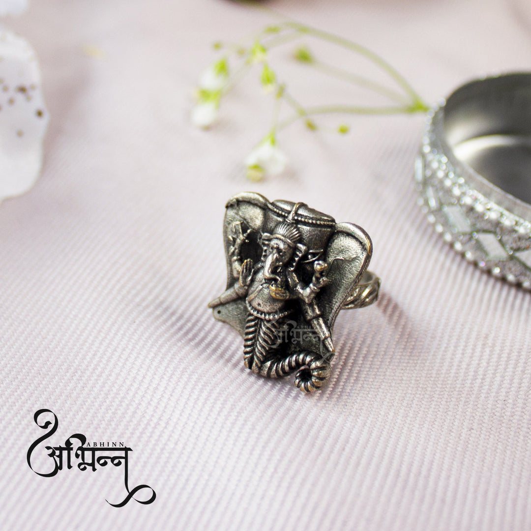 Abhinn Silver Replica Antique Ganesh Design Ring For Women