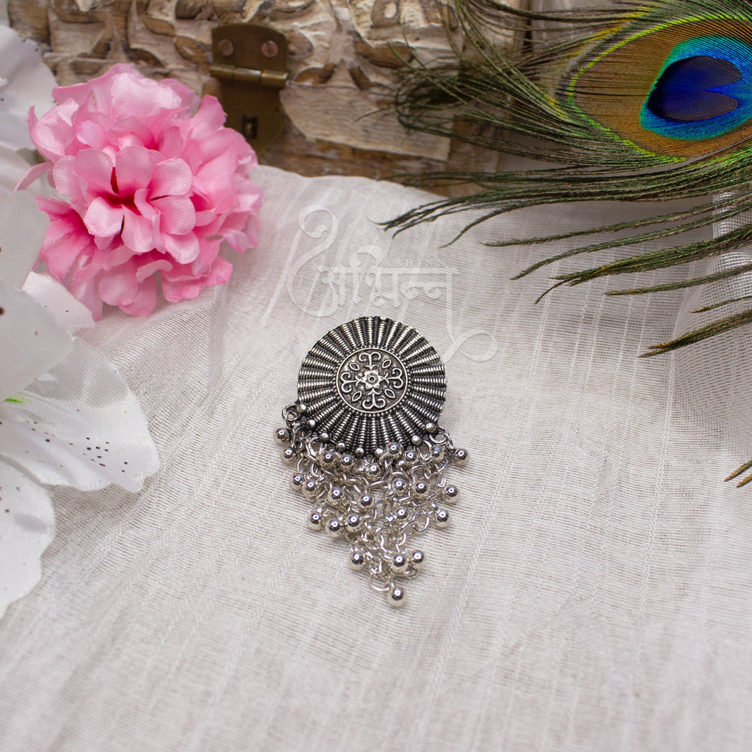Abhinn Silver Oxidised Tribal Design Ring With Hanging Silver Beads For Women
