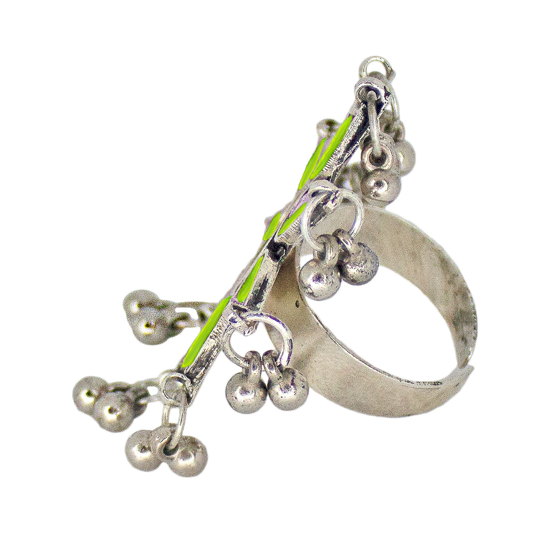 Abhinn Antique Silver Oxidised Floral Parrot Green-Blue Color Glass Premium Rings For Women