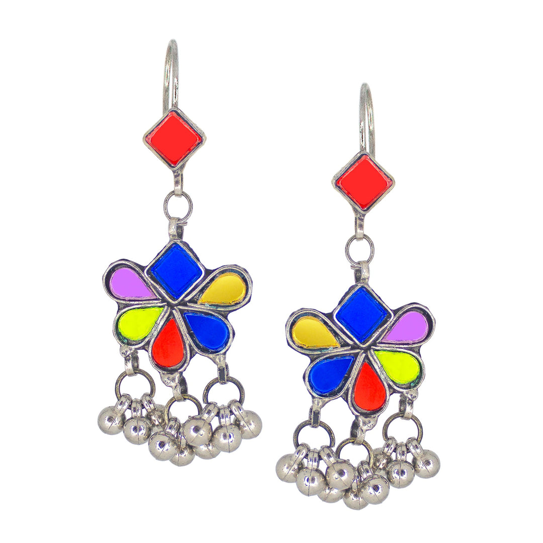 Abhinn Afghani Silver Plated Floral Design Multi Glass Dangler Earrings For Women