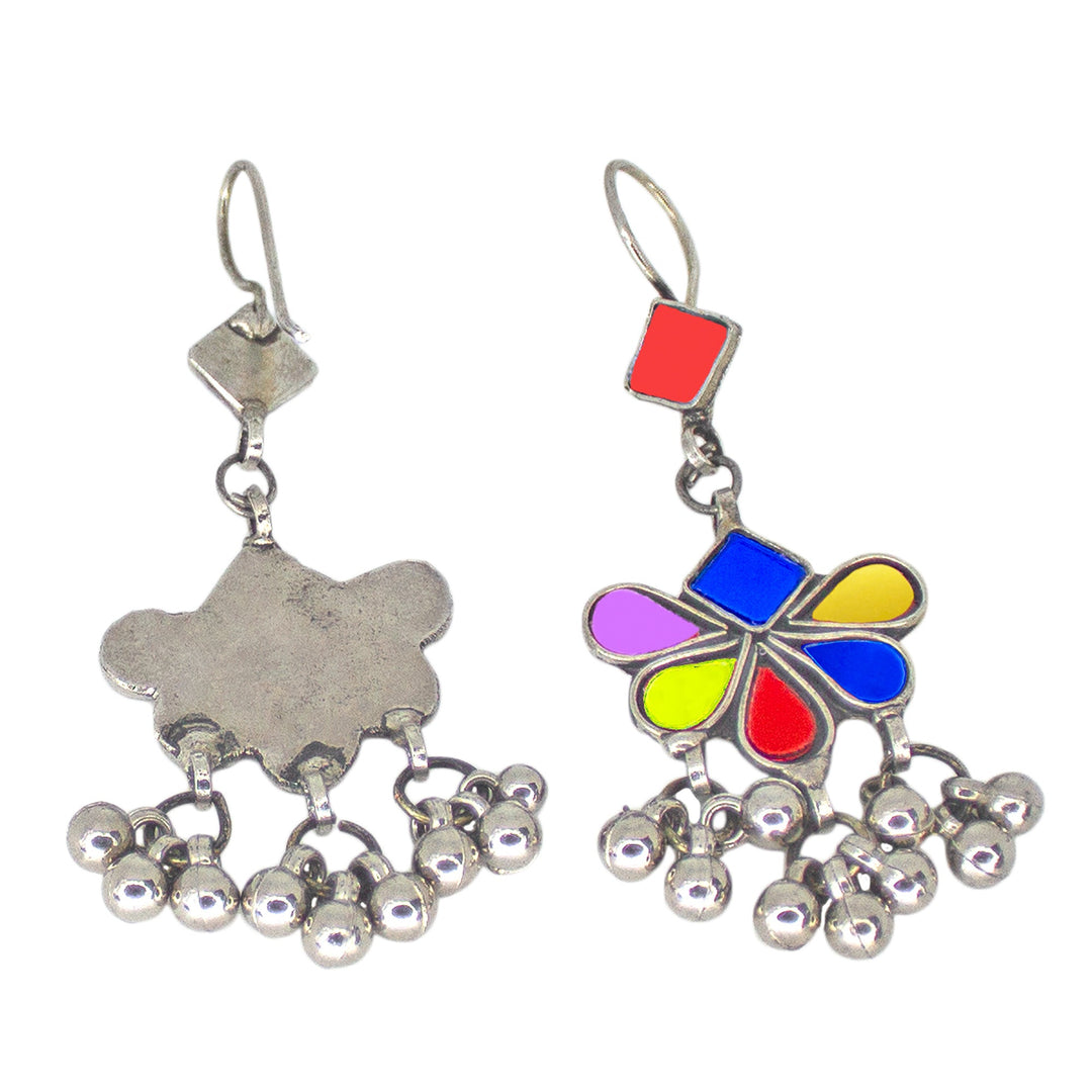 Abhinn Afghani Silver Plated Floral Design Multi Glass Dangler Earrings For Women