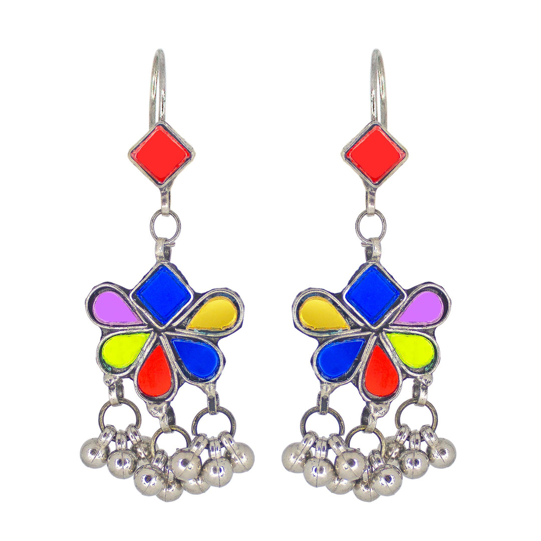 Abhinn Afghani Silver Plated Floral Design Multi Glass Dangler Earrings For Women