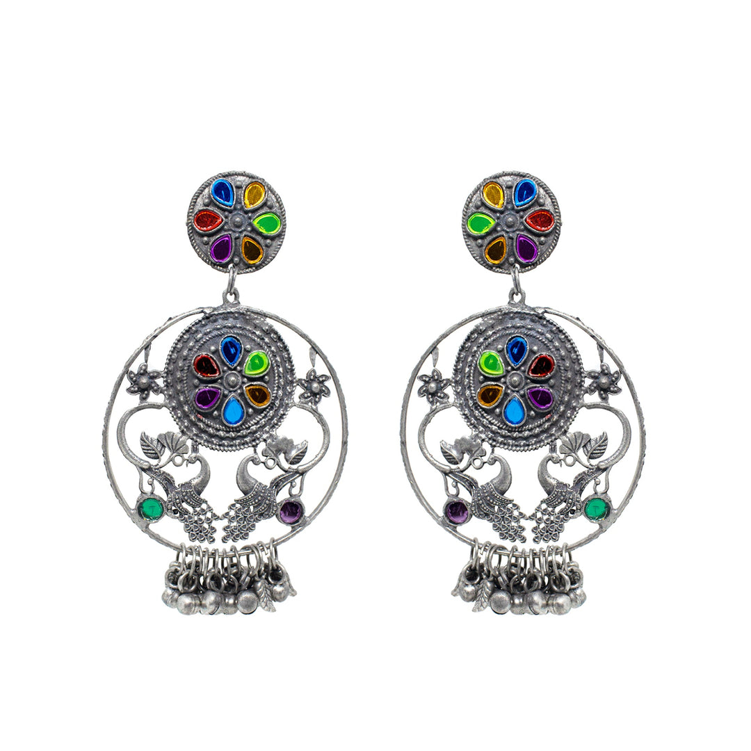 Abhinn Afghani Silver Oxidised Peacock Design Multi Colour Dangler Earrings For Girls