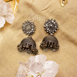 Load image into Gallery viewer, Abhinn Silver Oxidised Studded White Kundan Stones Jhumka Earrings For Women

