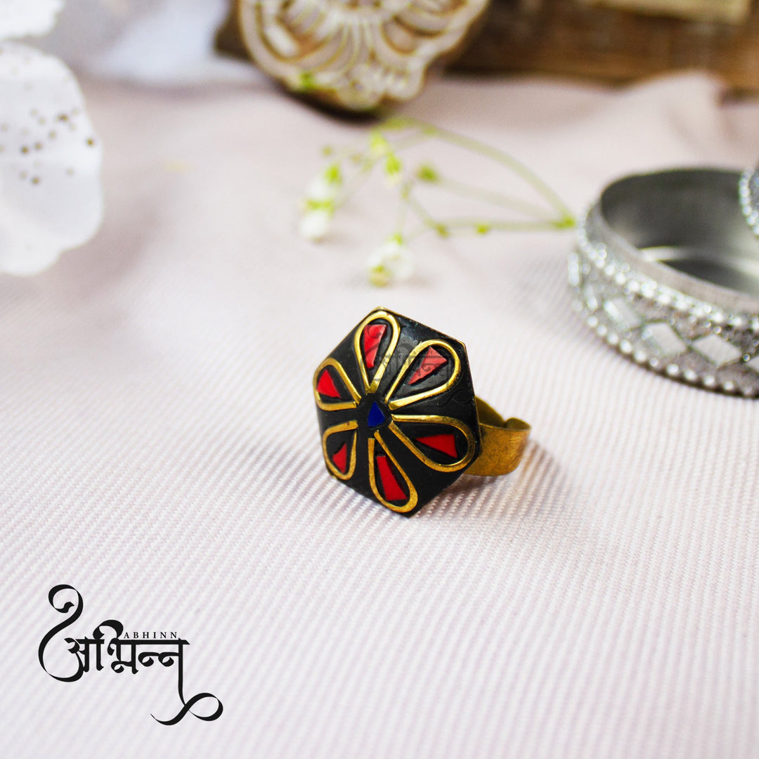 Abhinn Latest Bohemian Black Golden Design Ring with Red Stone