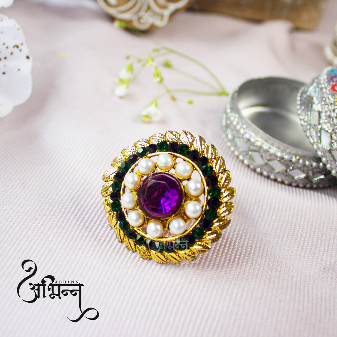 Abhinn Beautiful Floral Leaf Design Pearl Ring with Purple Green Crystal Stones
