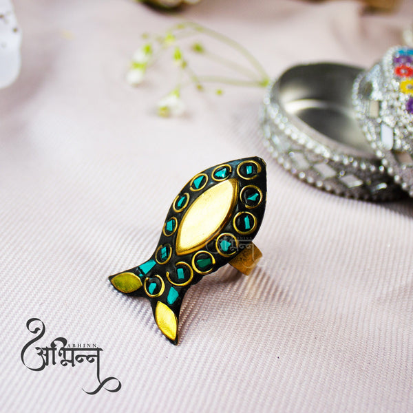 Abhinn Latest Black Golden Fish Design Ring with Blue Boho Tibetian Work