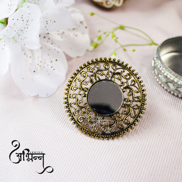 Abhinn Golden Oxidised Floral Design Mirror Ring For Women 